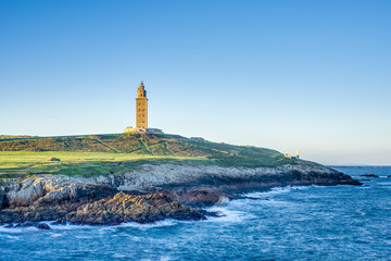 Tower of Hercules in A Coruna, Galicia, Spain. - obrazy, fototapety, plakaty