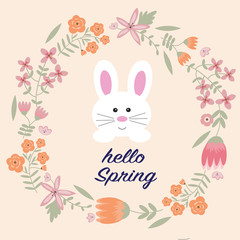 The rabbit with vintage flower wreath and hello spring word