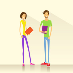 Young man and woman student hold books casual clothes flat