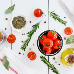 Ripe cherry tomatoes, olive oil and spices, square