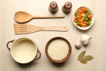 Food ingredients and kitchen utensils for cooking