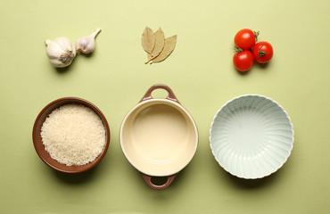 Food ingredients and kitchen utensils for cooking