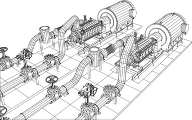 Wire-frame  industrial equipment oil and gas pump. Tracing