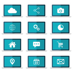Icons set on laptop screen. Flat vector illustration.