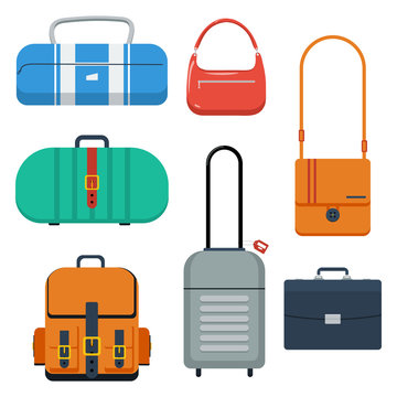 Bags, suitcase and backpack color flat vector illustration.