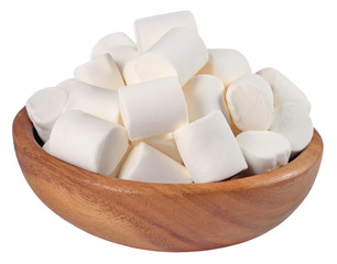 White marshmallow in a wooden bowl on a white