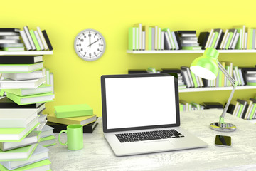 laptop and books, Workspace, 3d render