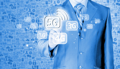 businessman holding in hand 5G, technology background