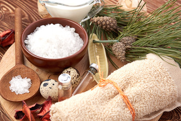 Homemade facial masks with natural ingredients, on color wooden