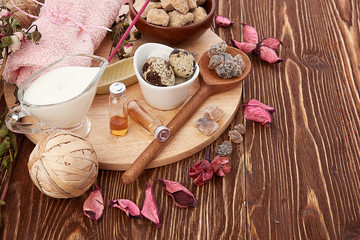 Composition of spa treatment on wooden background