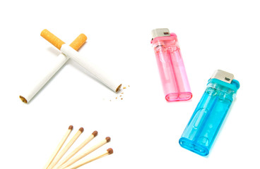 two cigarettes and lighters with matches