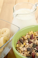 Delicious and healthy cereal in bowl with milk
