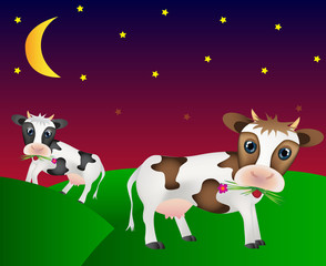 Happy cows on the meadow in night with moon