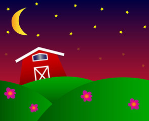 Farm barn on meadow in night with moon