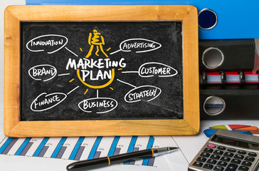 marketing plan concept hand drawing on blackboard