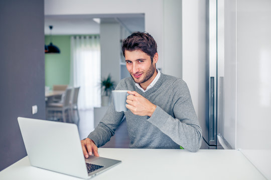 Handsome young smiling businessman working from home with a lapt