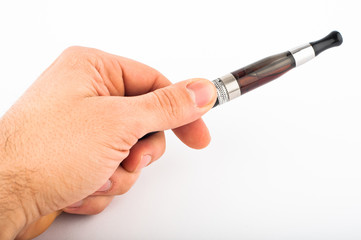 Hand with electronic cigarette agains white background