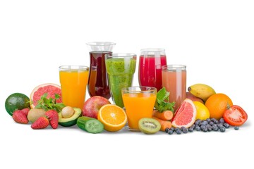Fototapeta na wymiar Fruit. Glasses of fruit and vegetable juice with fruits on a