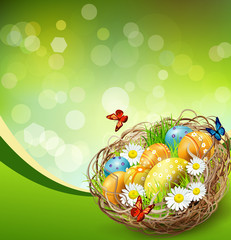 vector background with Easter nest and eggs on spring background