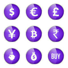 Currency Sign Violet Vector Button Icon Design Set