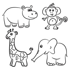 Cute outlined zoo animals collection. Vector illustration.