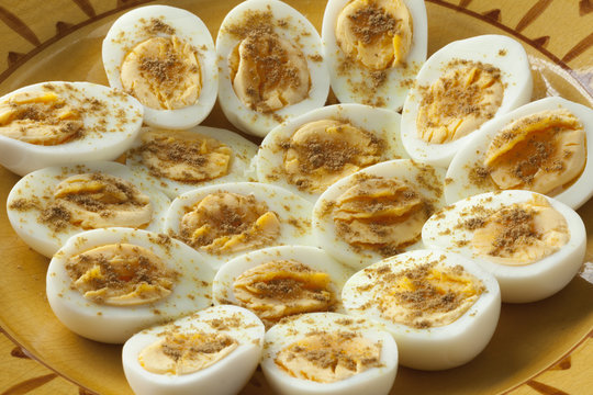 Moroccan traditional boiled eggs with salt and cumin