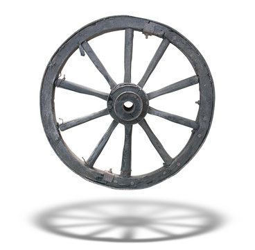 Antique Cart Wheel made of wood and iron-lined, isolated, with s
