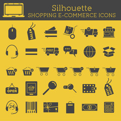 Set of  Silhouette On-Line Shopping icons isolated on yellow
