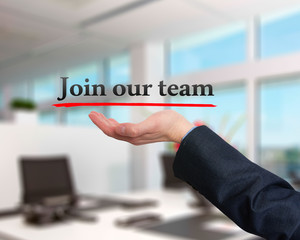 Businessman showing join our team sign, technology, internet
