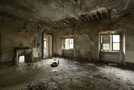 old abandoned room with collapsed ceiling