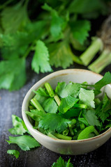 fresh celery in ceramic bowl