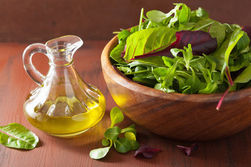 fresh salad leaves in bowl: spinach, mangold, ruccola