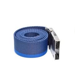Blue rolled belt placed on a white background.