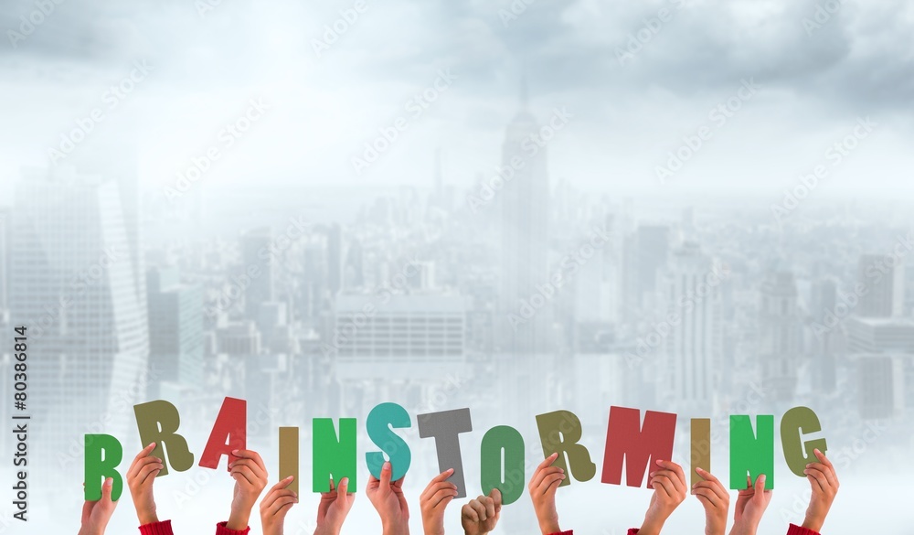Poster composite image of hands holding up brainstorming