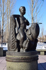 Statue featuring a fairy-tale boy on a grasshopper, in Astana