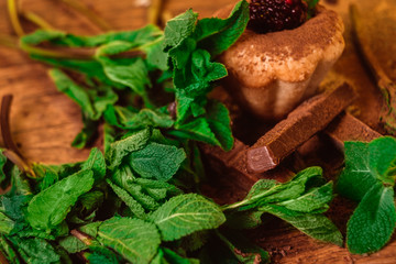 muffin spilled with chocolate and mint