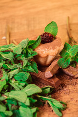 muffin spilled with chocolate and mint