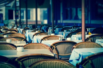 Empty Street cafe in Paris on a summer morning