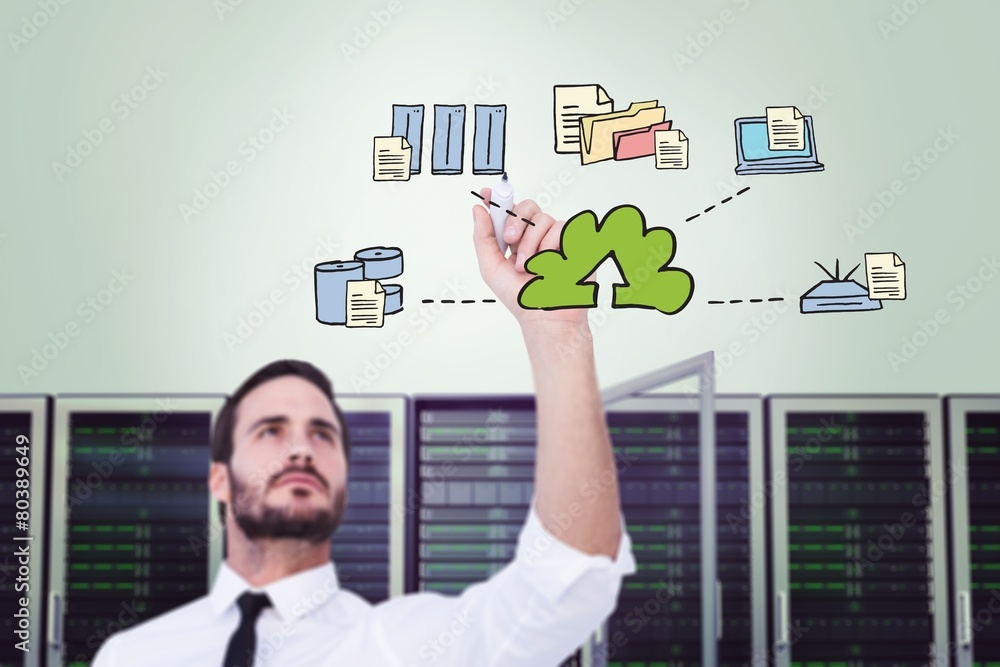 Poster composite image of focused businessman writing with marker