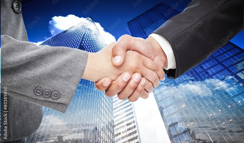Poster composite image of handshake between two business people