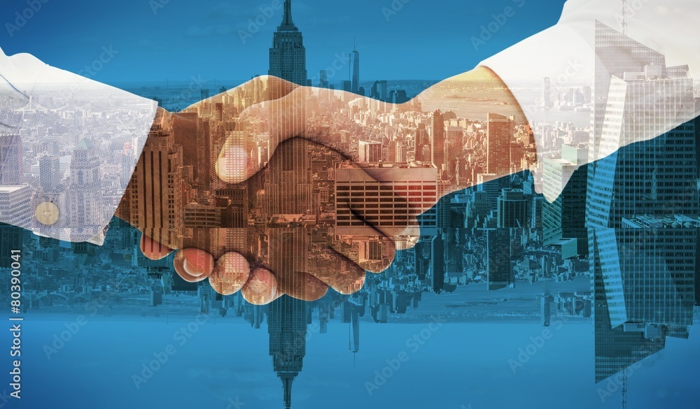 Poster composite image of close-up shot of a handshake in office