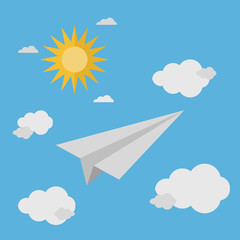 Paper plane flying in the bright cloudy sky in flat design