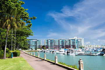 View of the city bay with lots of yachts