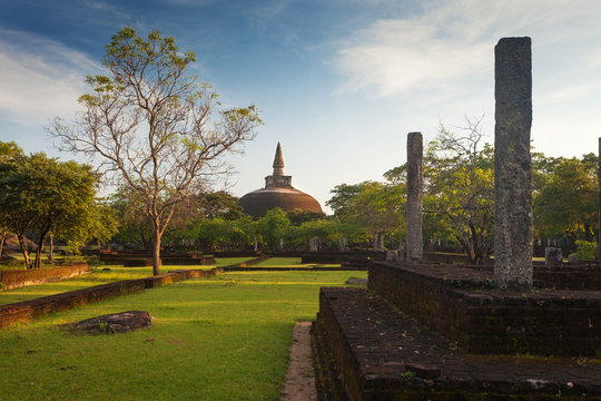 Panorama of ancient ruins in Polonnaruwa with Rankot Vihara