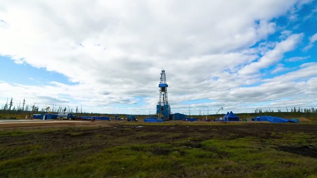 Oil rig and sky. HD Timelapse. Hyperlapse. Panorama