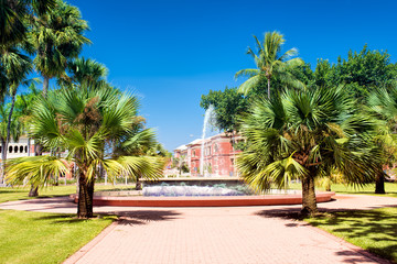 Fototapeta na wymiar A fountain in the park surrounded by palm trees