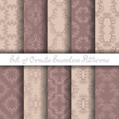 Vector Set of 10 Ornate Seamless Patterns in Vintage Linear Styl