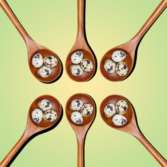 top view of the quail eggs in spoon on a green background