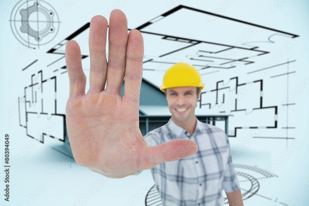 Poster Composite image of carpenter showing palm over white background