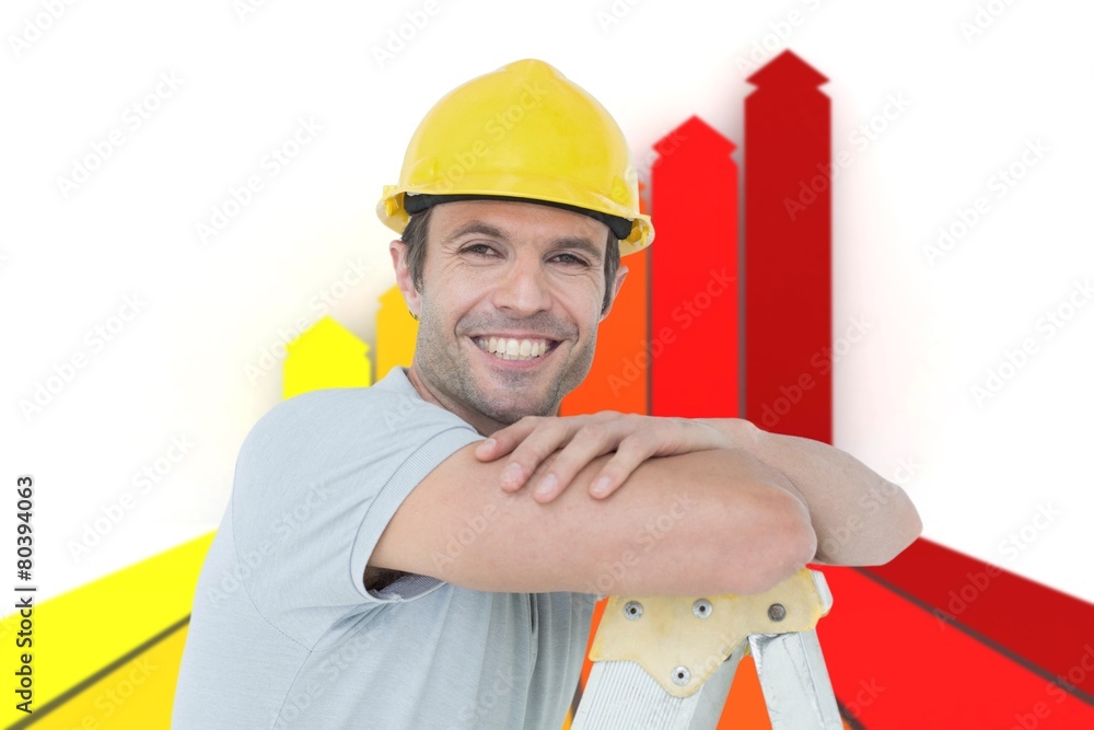 Poster composite image of happy technician leaning on step ladder